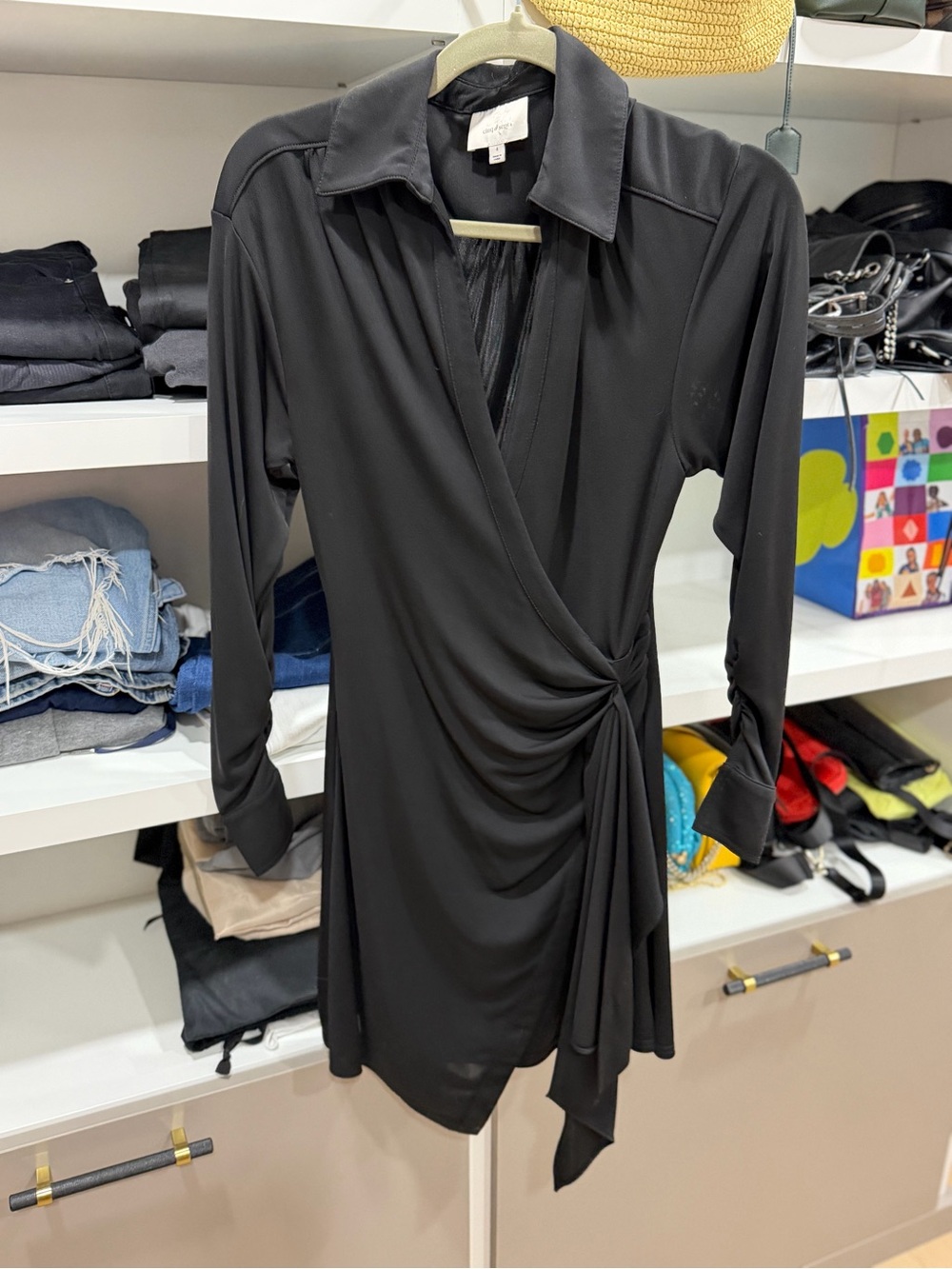 cinq à sept Black Draped Wrap Long-Sleeve Dress